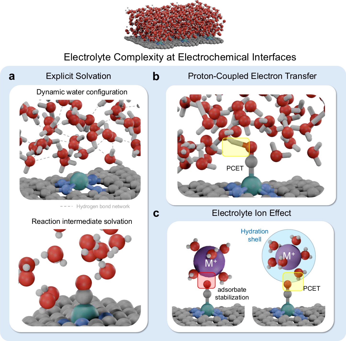 Explicit solvation, PCET, and ion effects at electrochemical interfaces